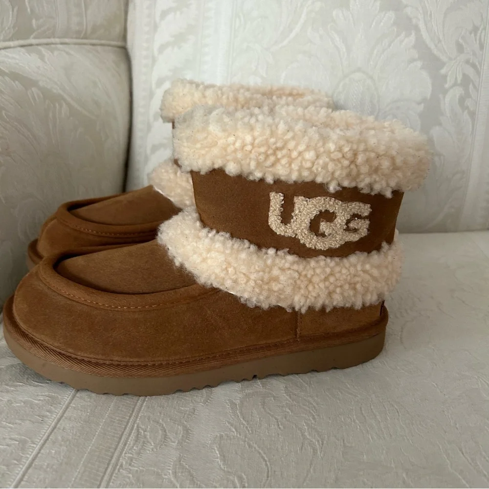Kids UGG Ultra Mini Fluff GS Chestnut Brown Nude Khaki 1143701K Snow Rain Boots
